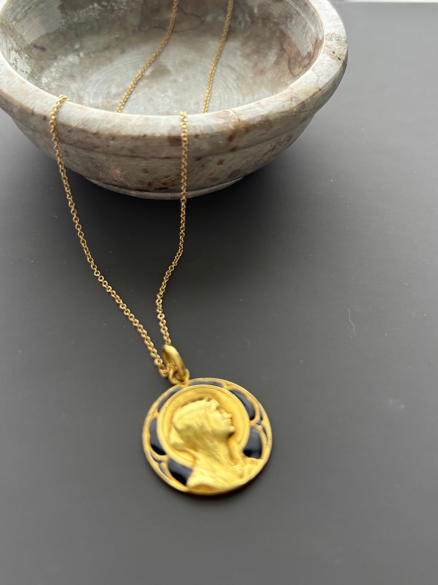 Antique French Guilbert 18k Gold and Blue Enamel Mary Pendant Charm 1922