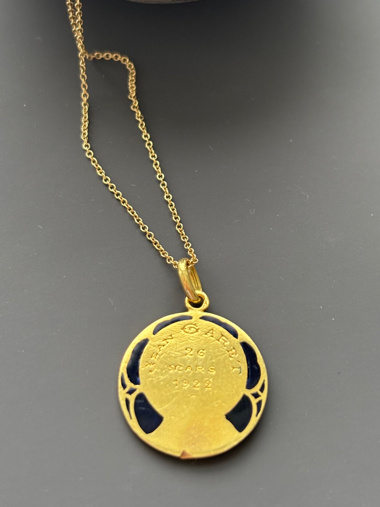 Antique French Guilbert 18k Gold and Blue Enamel Mary Pendant Charm 1922