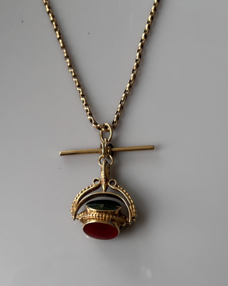 Victorian 9k Gold Antique Watch Chain with Spinner Fob and T-Bar