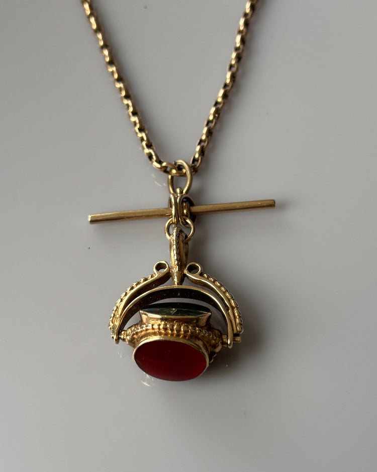 Victorian 9k Gold Antique Watch Chain with Spinner Fob and T-Bar