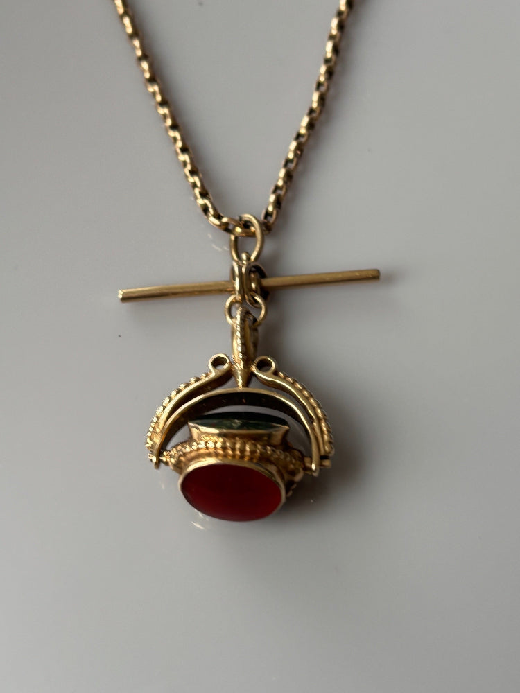 Victorian 9k Gold Antique Watch Chain with Spinner Fob and T-Bar