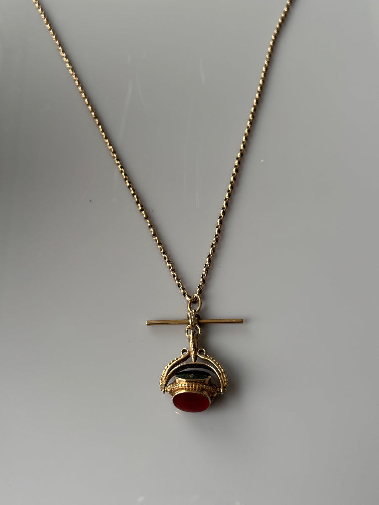 Victorian 9k Gold Antique Watch Chain with Spinner Fob and T-Bar