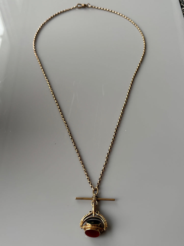 Victorian 9k Gold Antique Watch Chain with Spinner Fob and T-Bar