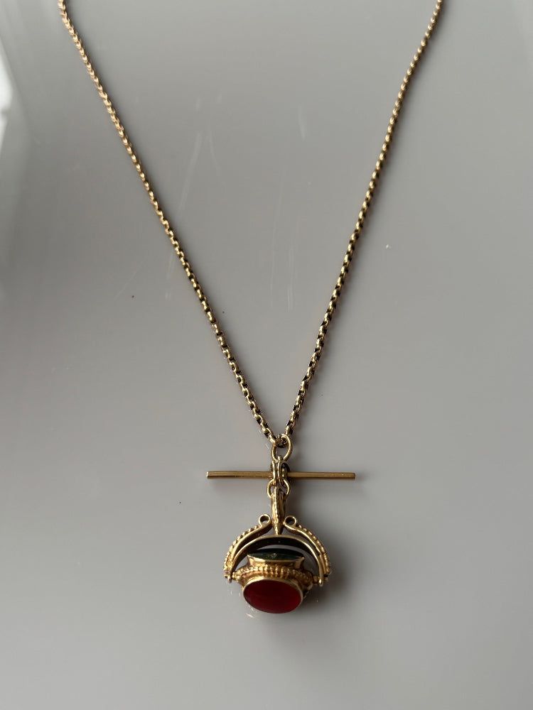 Victorian 9k Gold Antique Watch Chain with Spinner Fob and T-Bar