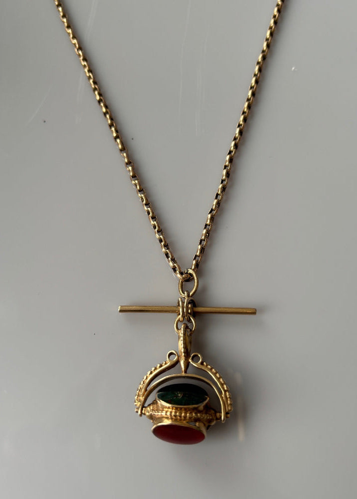 Victorian 9k Gold Antique Watch Chain with Spinner Fob and T-Bar