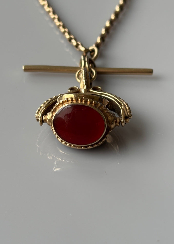 Victorian 9k Gold Antique Watch Chain with Spinner Fob and T-Bar