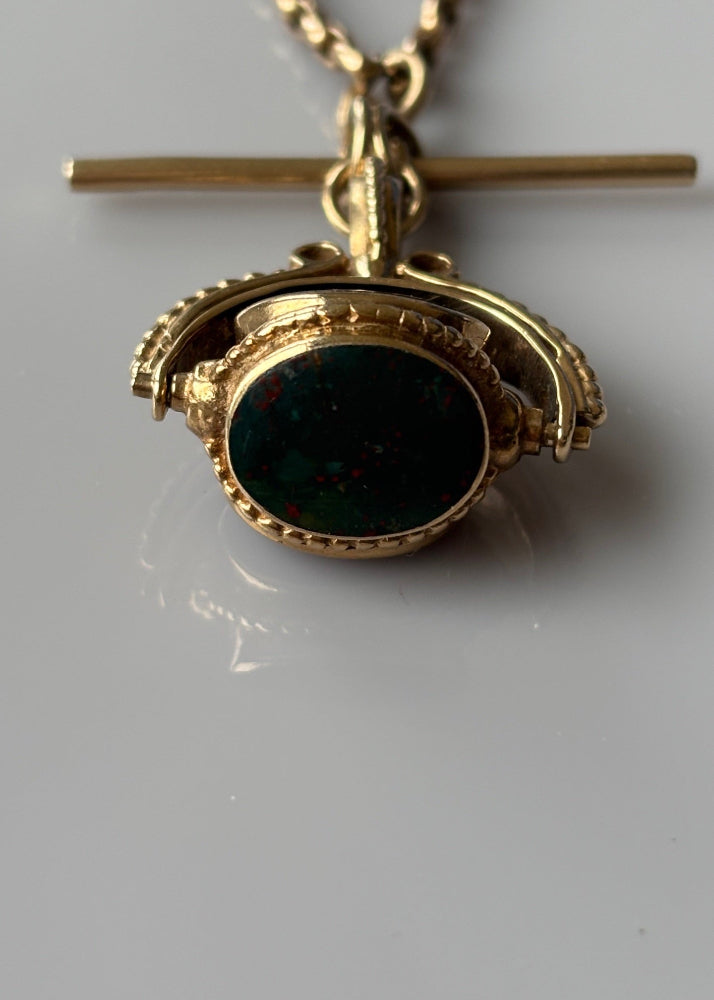 Victorian 9k Gold Antique Watch Chain with Spinner Fob and T-Bar