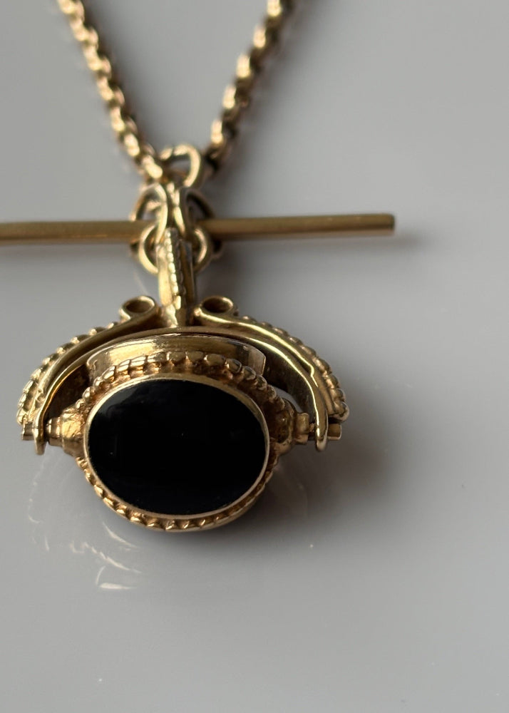 Victorian 9k Gold Antique Watch Chain with Spinner Fob and T-Bar