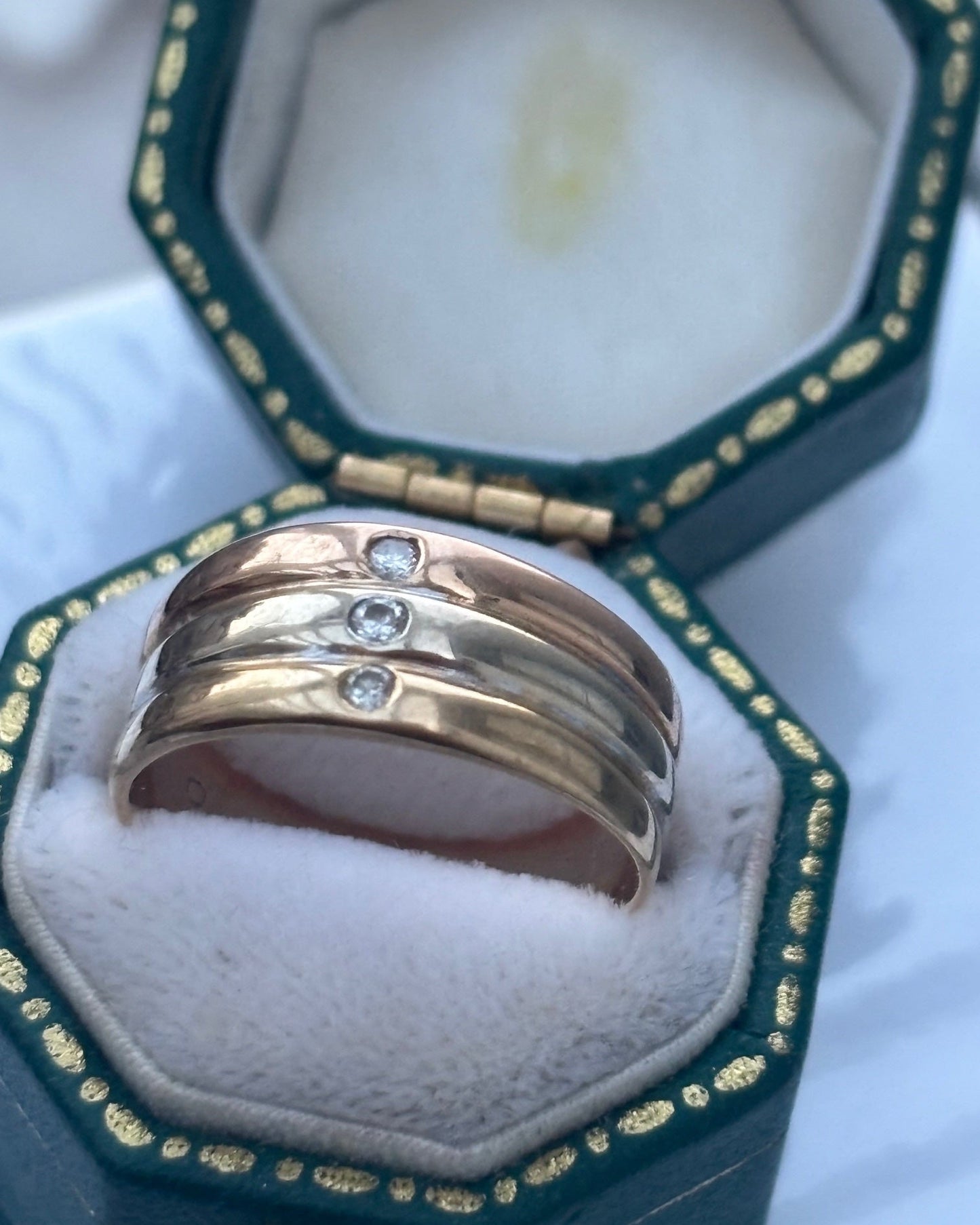 18k French Tri- Colour Band Ring with Diamonds