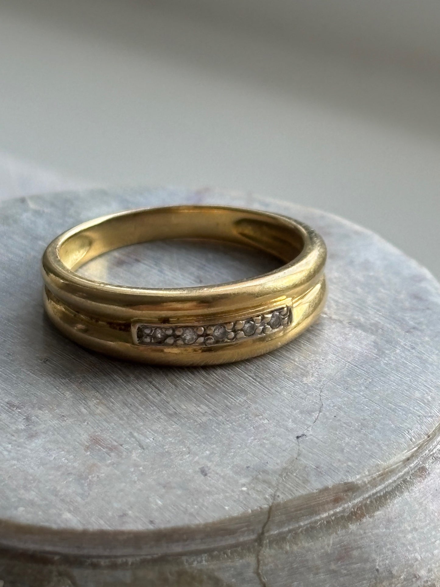 Vintage French 18k Gold Wide Band Ring with Old Cut Diamonds