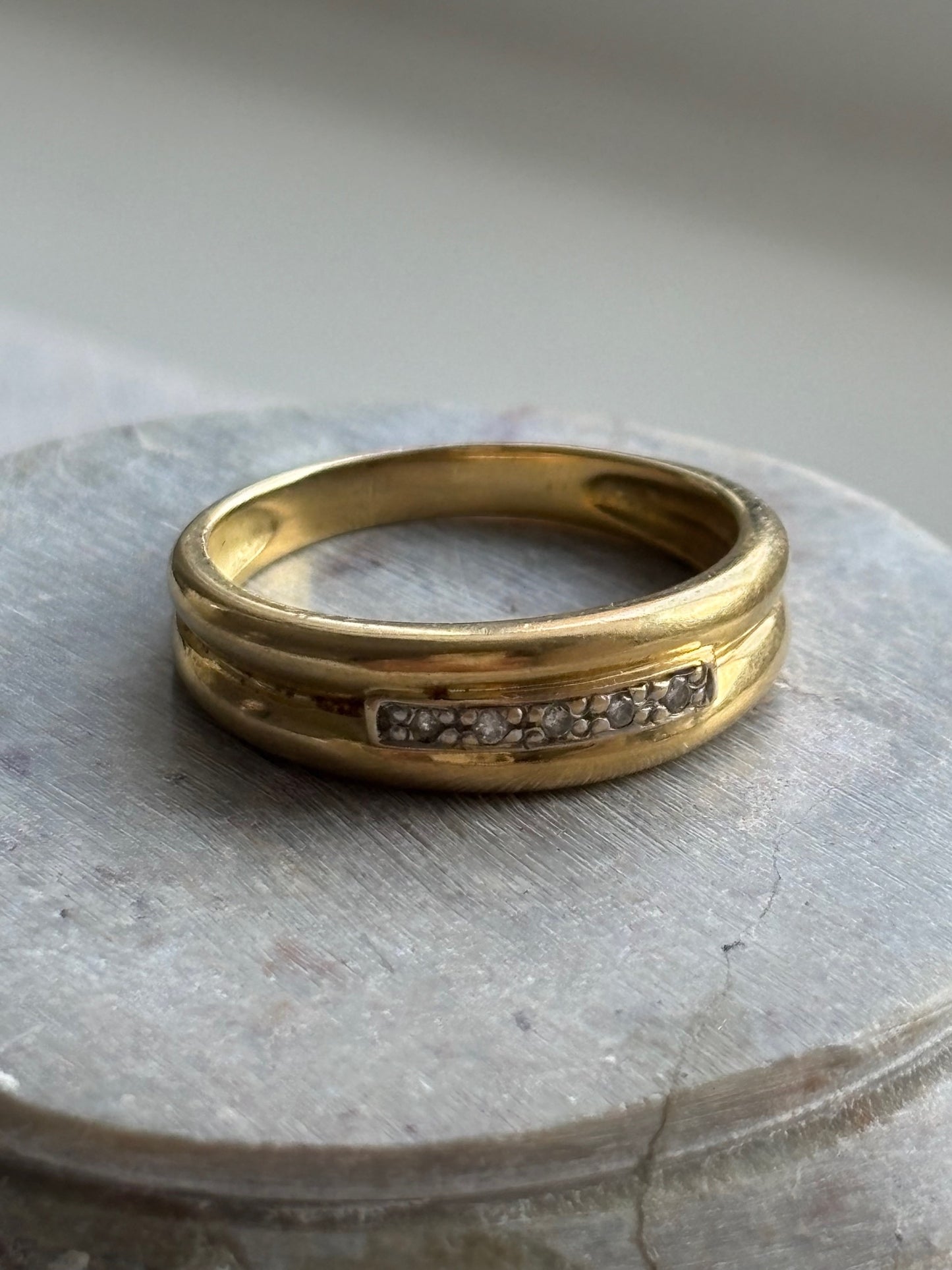 Vintage French 18k Gold Wide Band Ring with Old Cut Diamonds