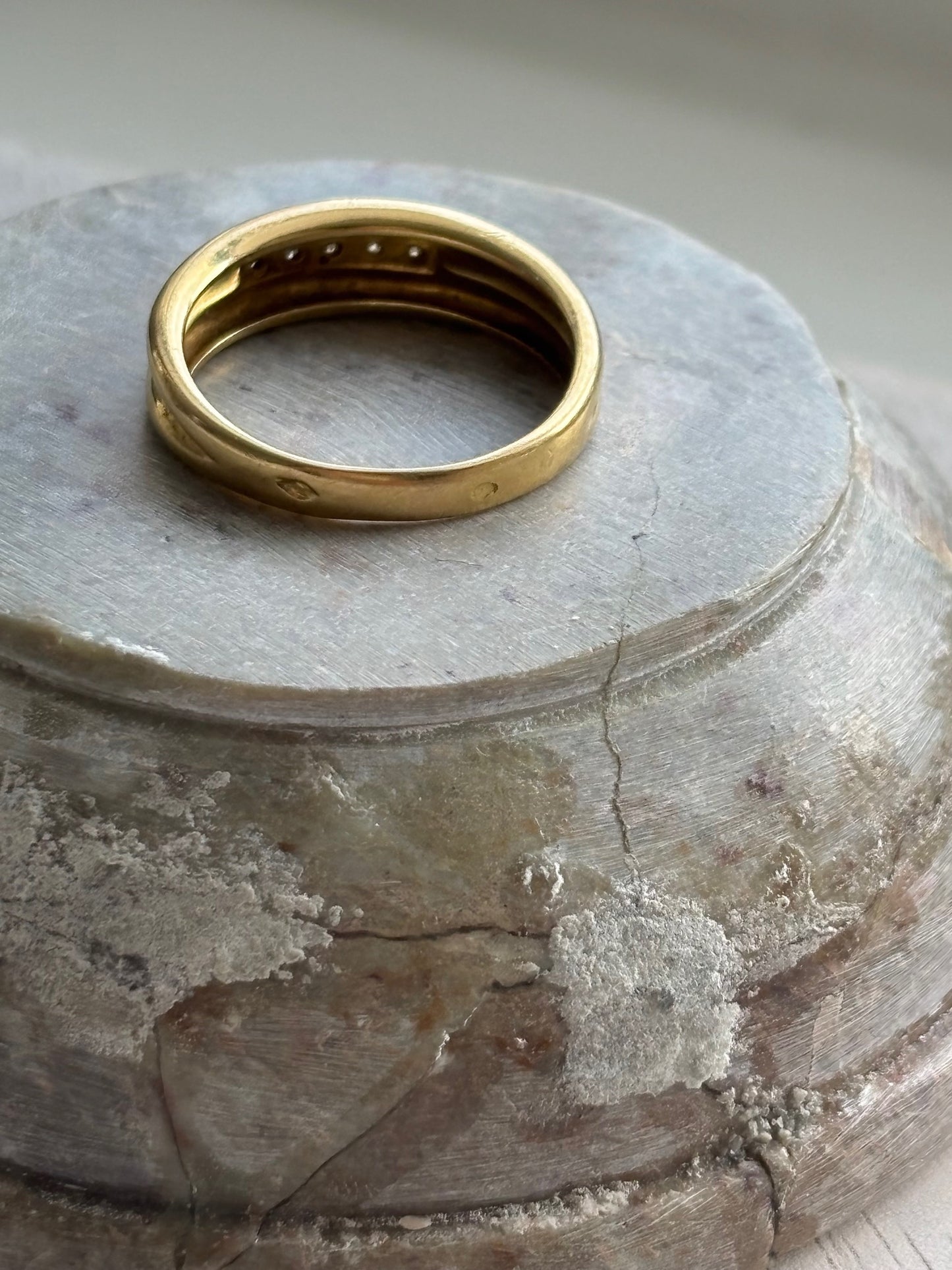 Vintage French 18k Gold Wide Band Ring with Old Cut Diamonds
