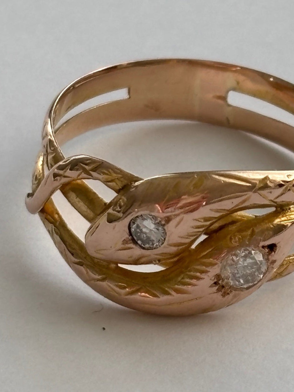 18k Snake Ring- French with Diamond Eyes