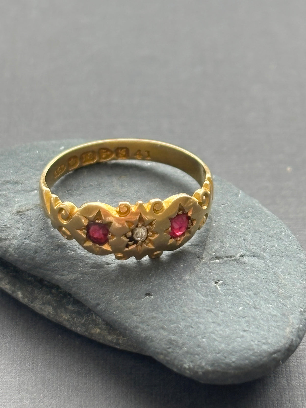 Antique 18k Gold, Ruby and Diamond Gypsy-Set Ring — Chester, 1907
