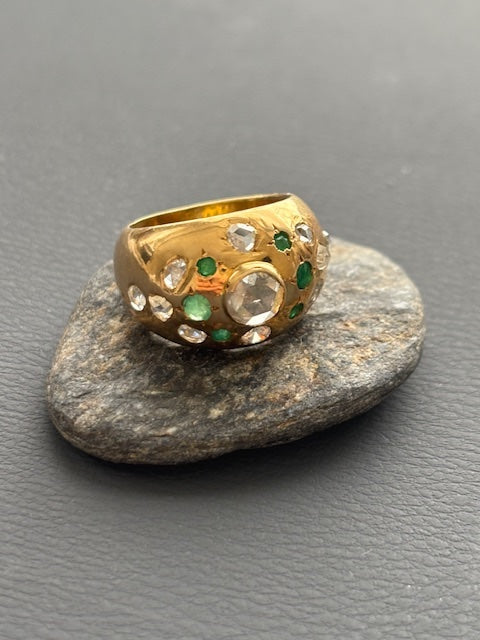 French 18k Gold Bombe Ring Diamonds and Emeralds
