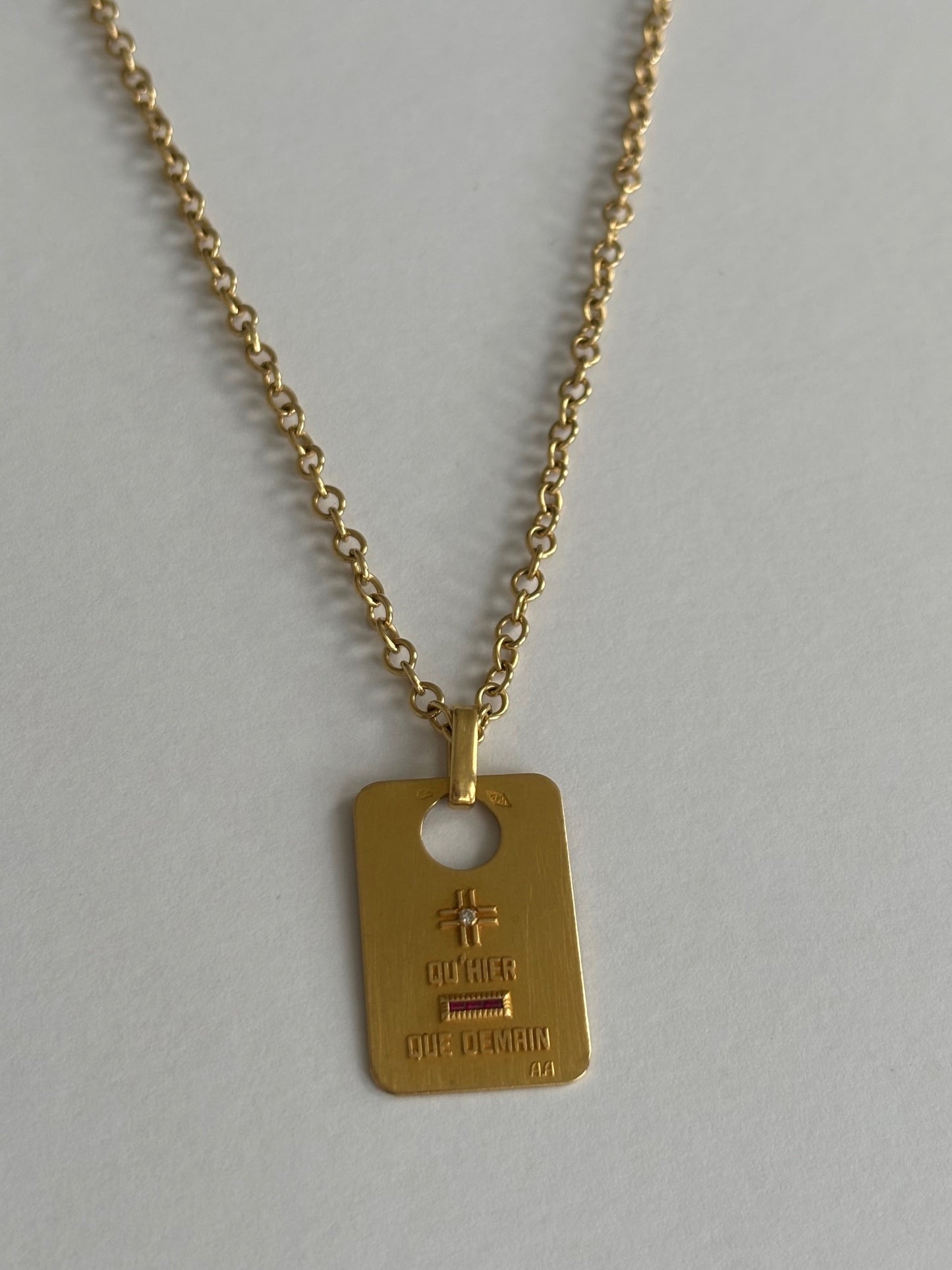 Vintage 1940's French 18k Gold A Augis Pendant and Chain w Ruby and Diamond