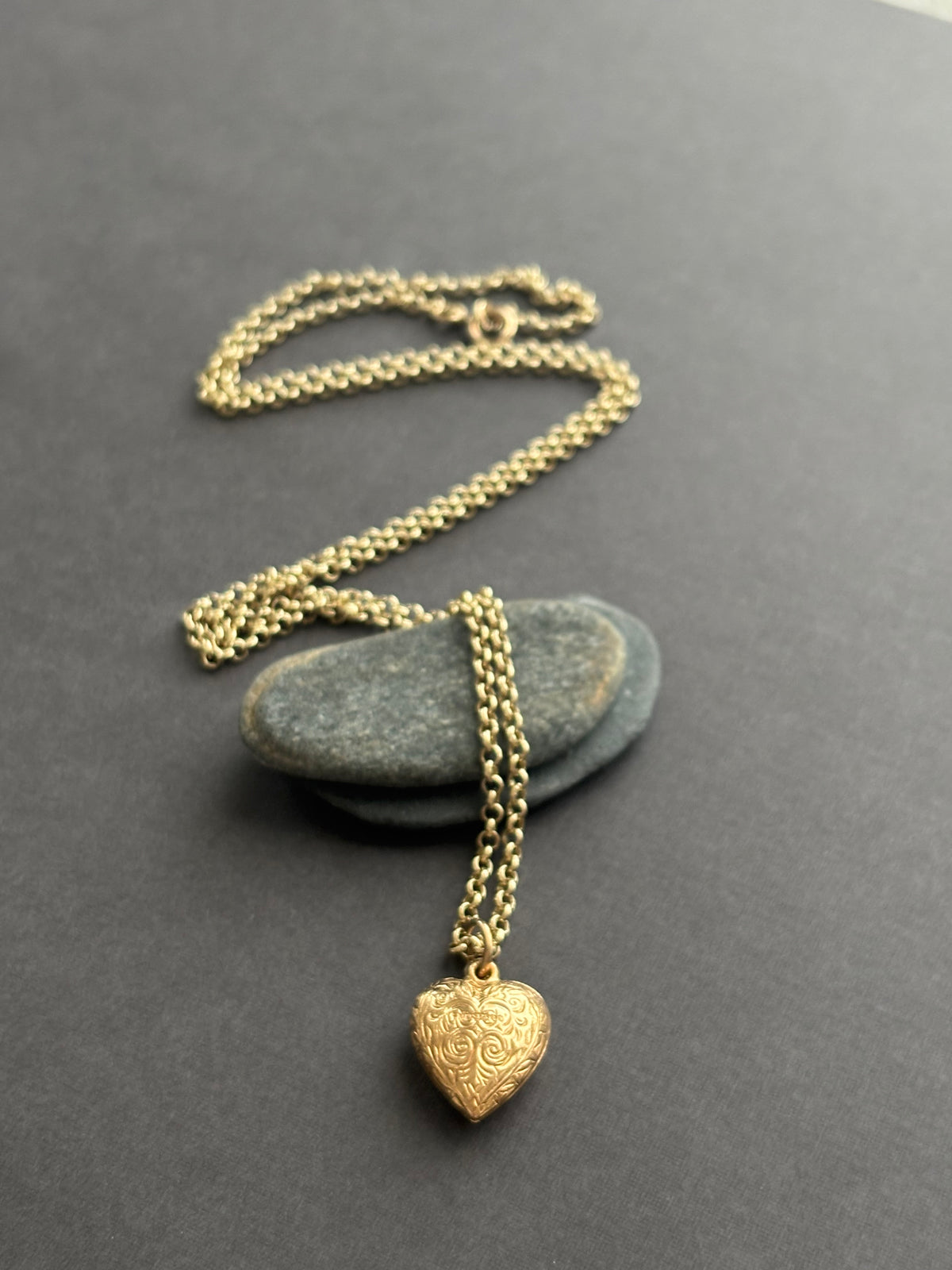 Antique 9k Gold Engraved Heart Pendant & Belcher Chain