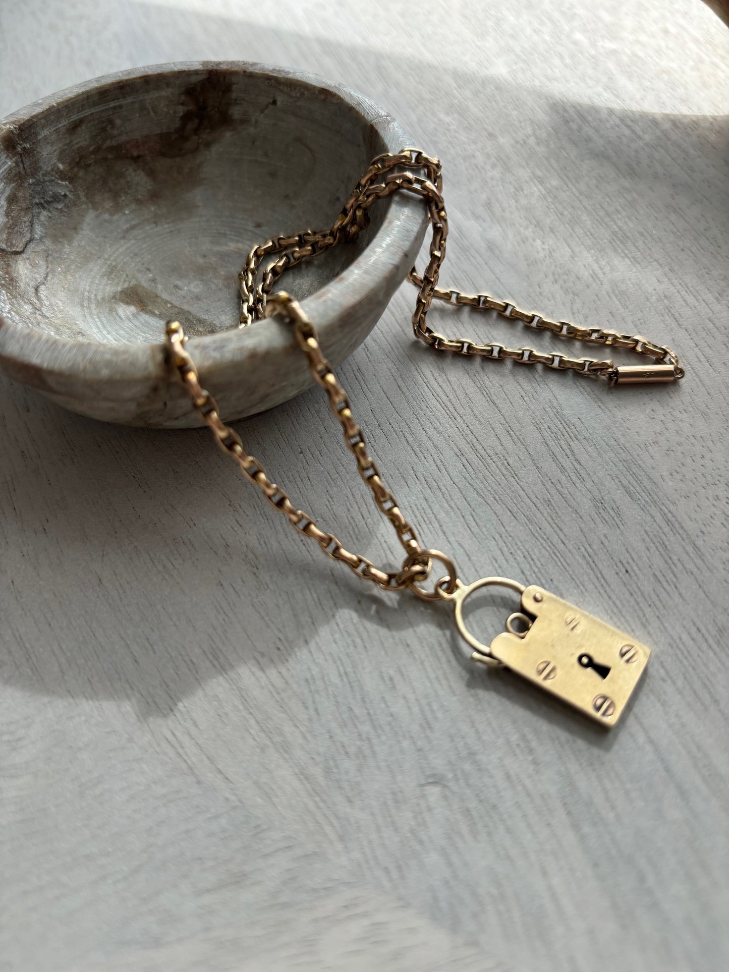 Vintage British 9k Gold Rare Square Padlock Charm on a 9ct Gold Chain