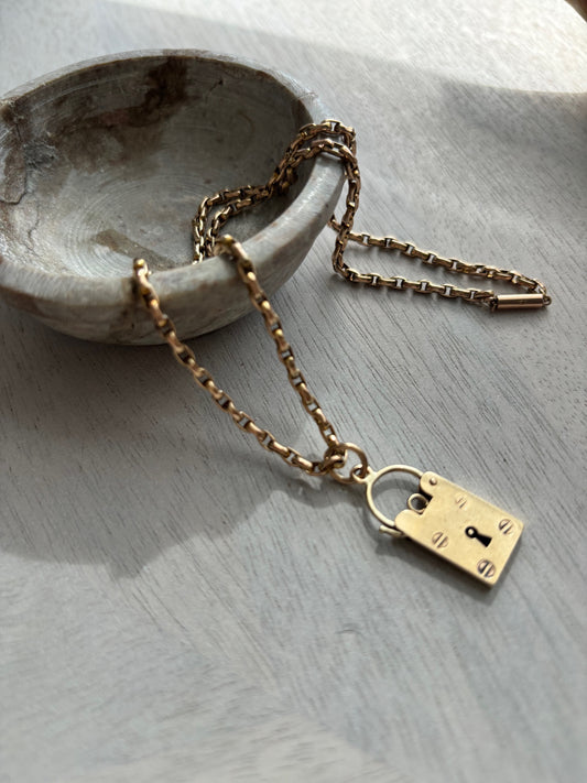 Vintage British 9k Gold Rare Square Padlock Charm on a 9ct Gold Chain
