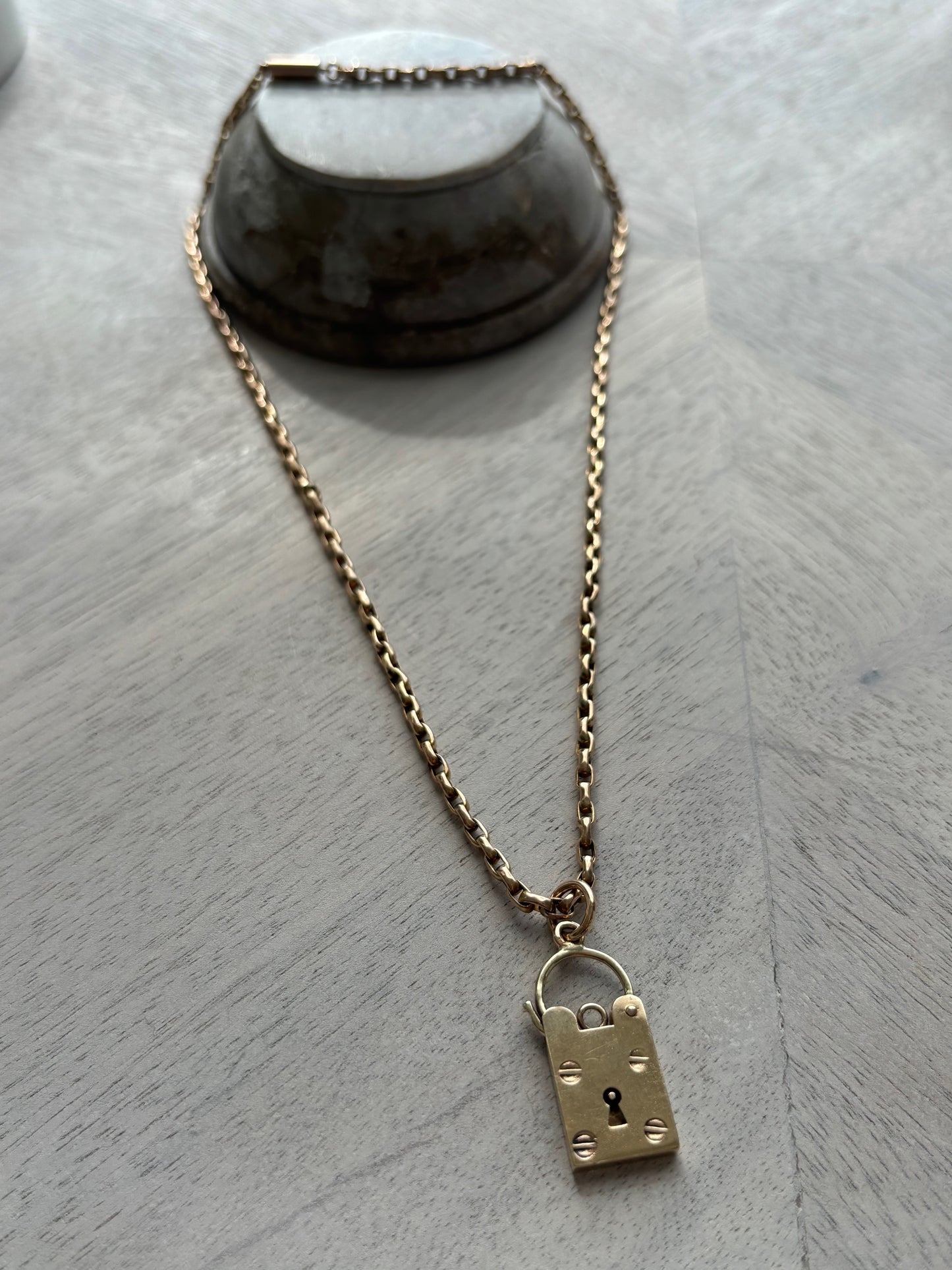 Vintage British 9k Gold Rare Square Padlock Charm on a 9ct Gold Chain