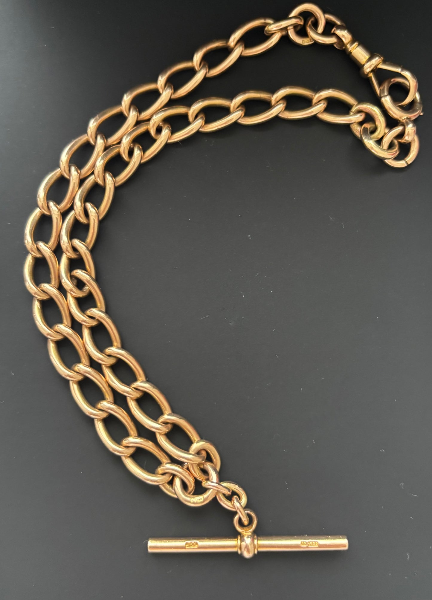 Antique 15k Gold Albert Watch Chain w/ T-Bar and Dog Clip / Bolt Ring Closure