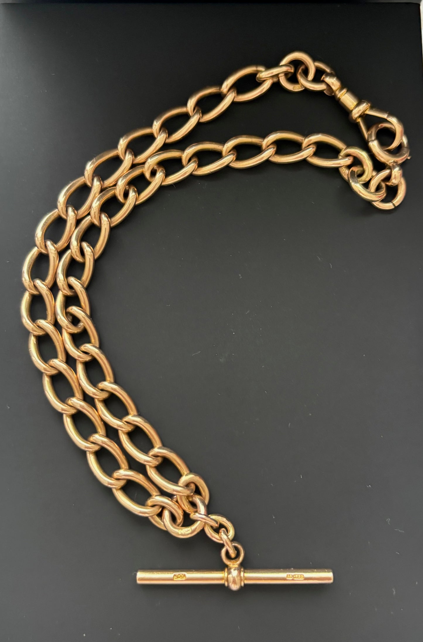 Antique 15k Gold Albert Watch Chain w/ T-Bar and Dog Clip / Bolt Ring Closure