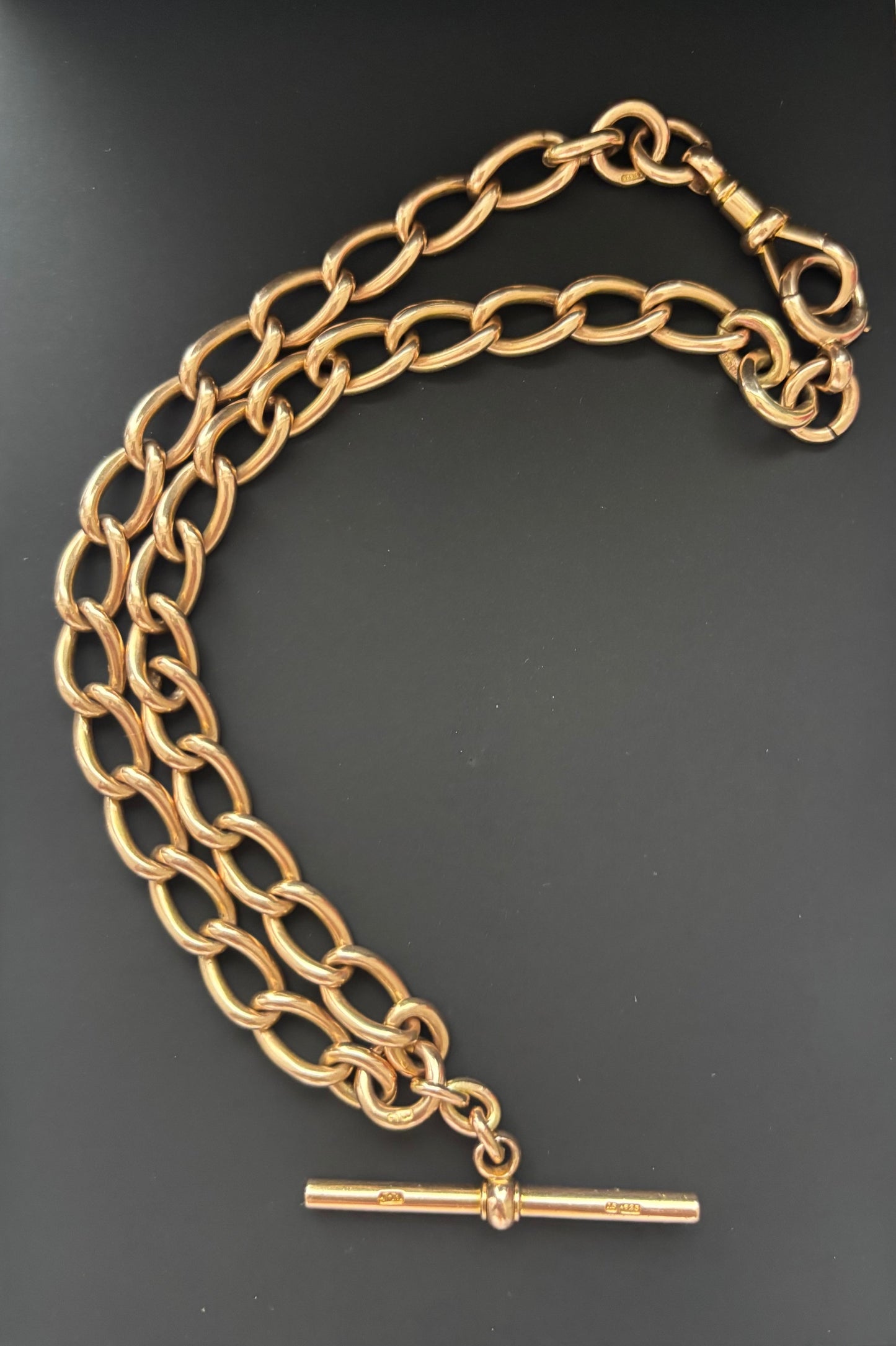 Antique 15k Gold Albert Watch Chain w/ T-Bar and Dog Clip / Bolt Ring Closure