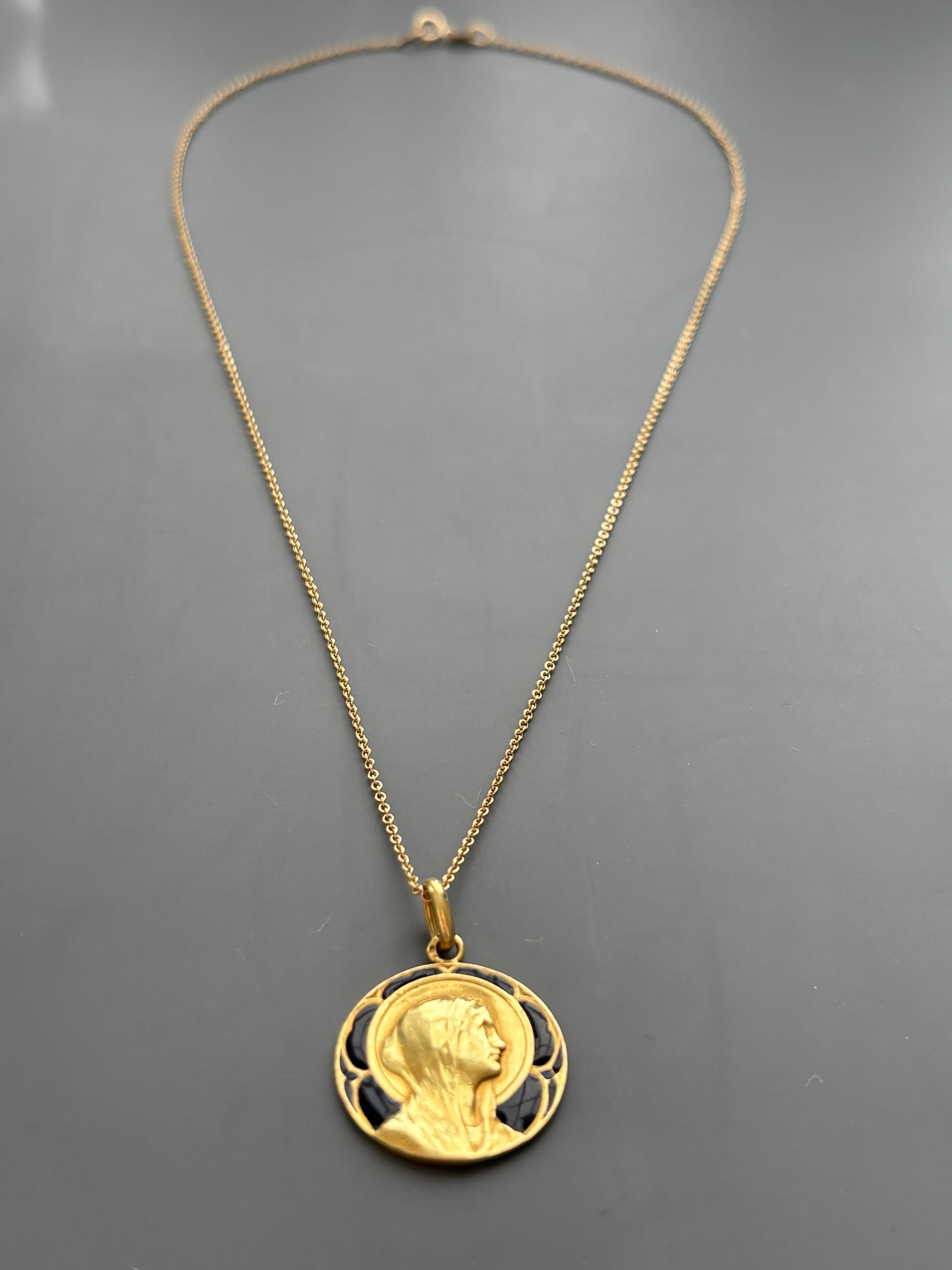 Antique French Guilbert 18k Gold and Blue Enamel Mary Pendant Charm 1922