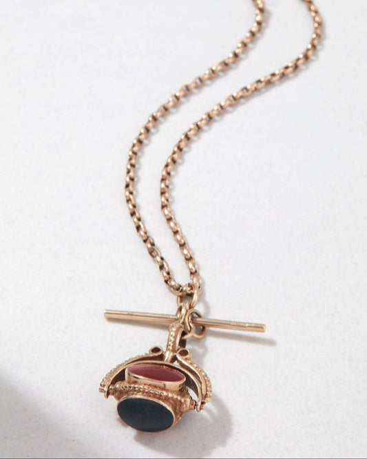 Victorian 9k Gold Antique Watch Chain with Spinner Fob and T-Bar
