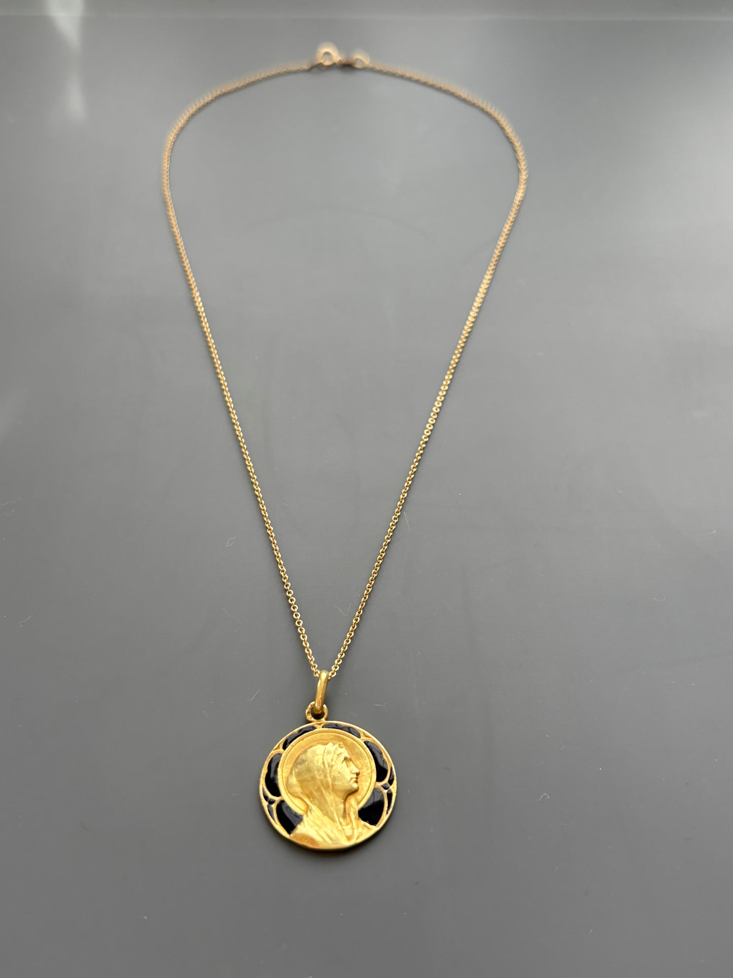 Antique French Guilbert 18k Gold and Blue Enamel Mary Pendant Charm 1922