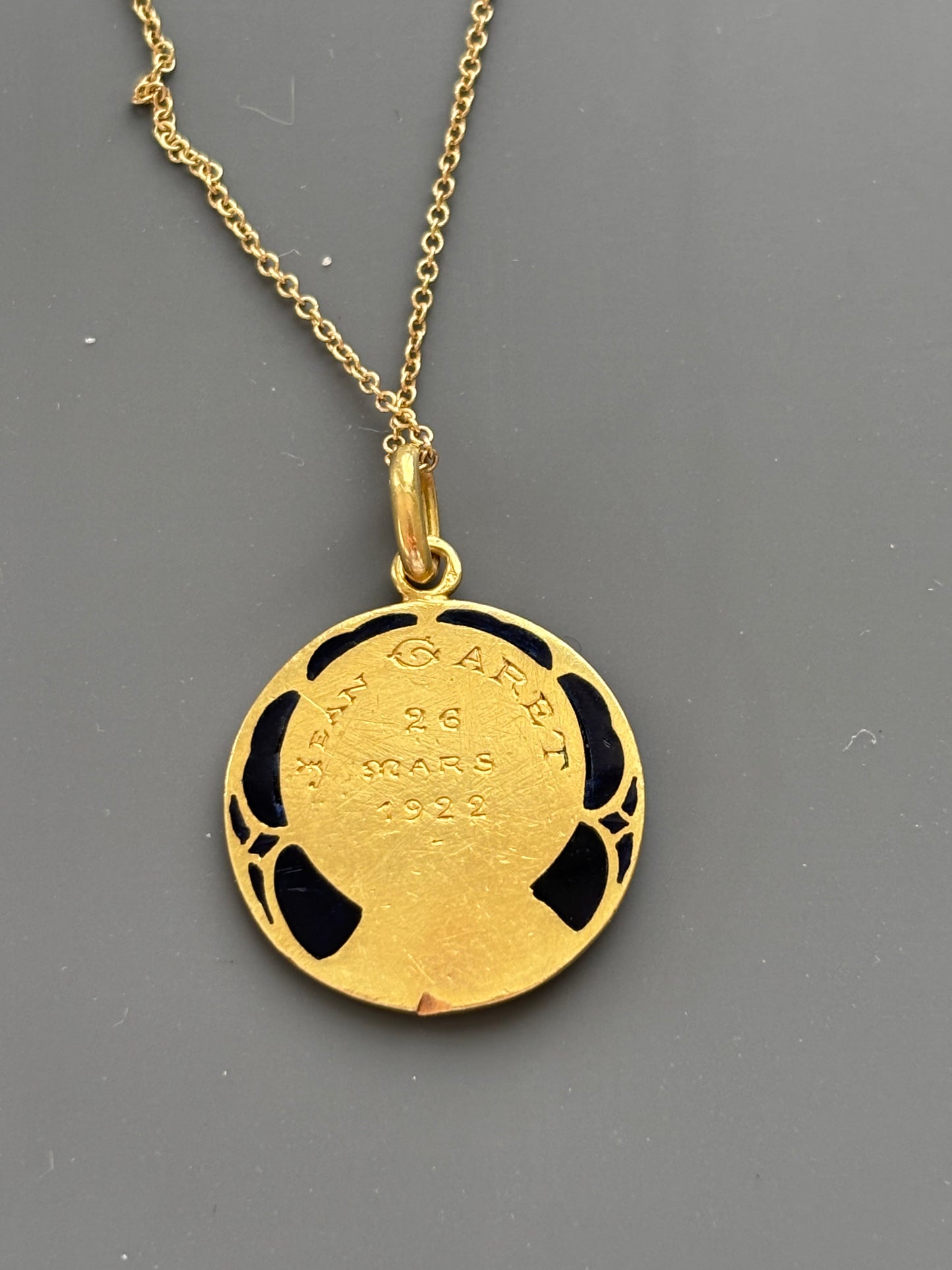 Antique French Guilbert 18k Gold and Blue Enamel Mary Pendant Charm 1922