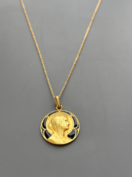 Antique French Guilbert 18k Gold and Blue Enamel Mary Pendant Charm 1922