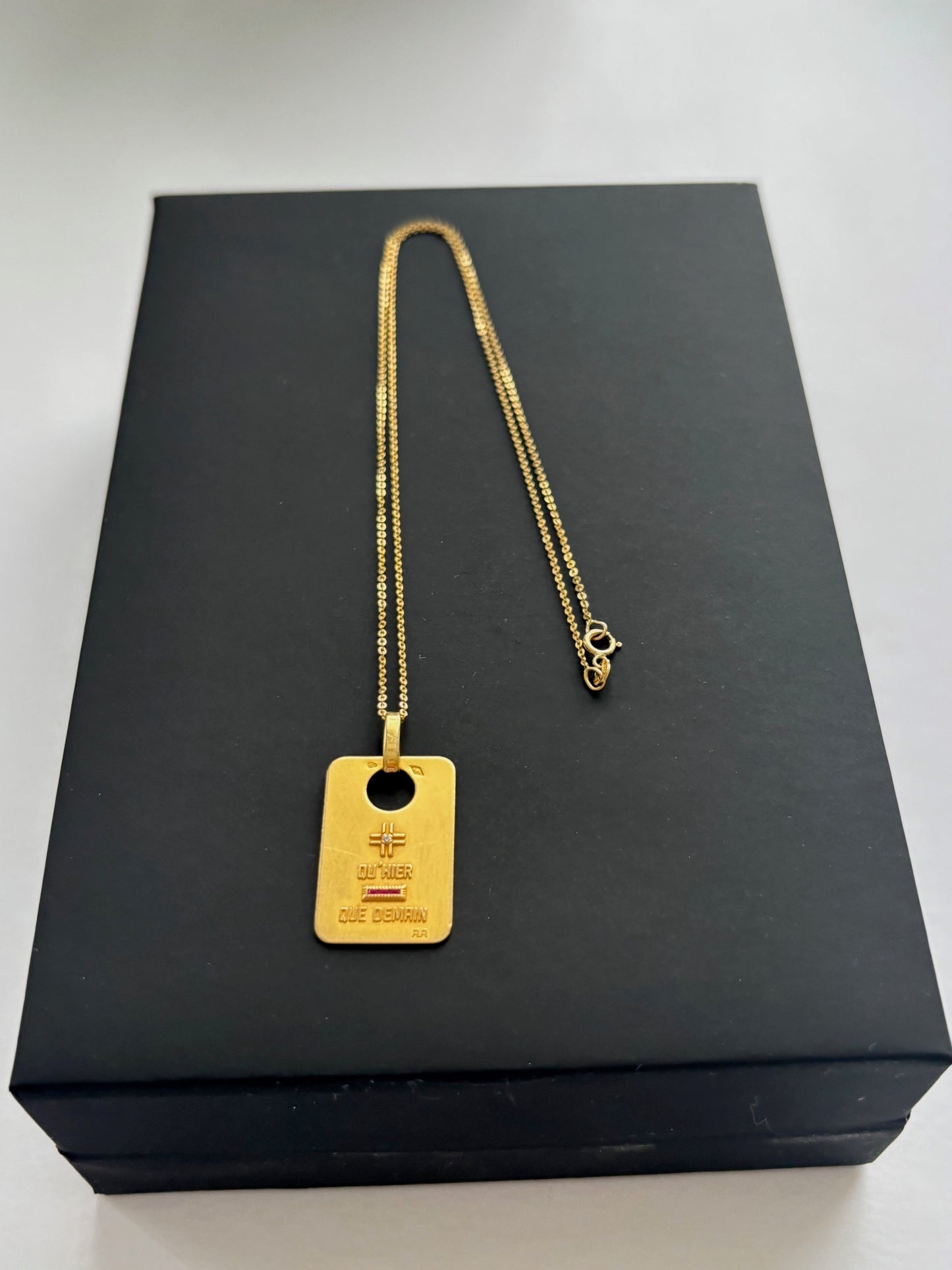 Vintage 1940's French 18k Gold A Augis Pendant and Chain w Ruby and Diamond