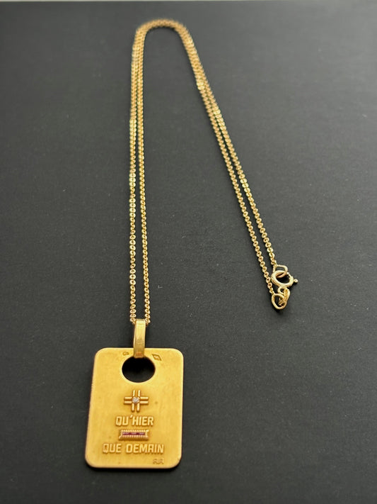 Vintage 1940's French 18k Gold A Augis Pendant and Chain w Ruby and Diamond