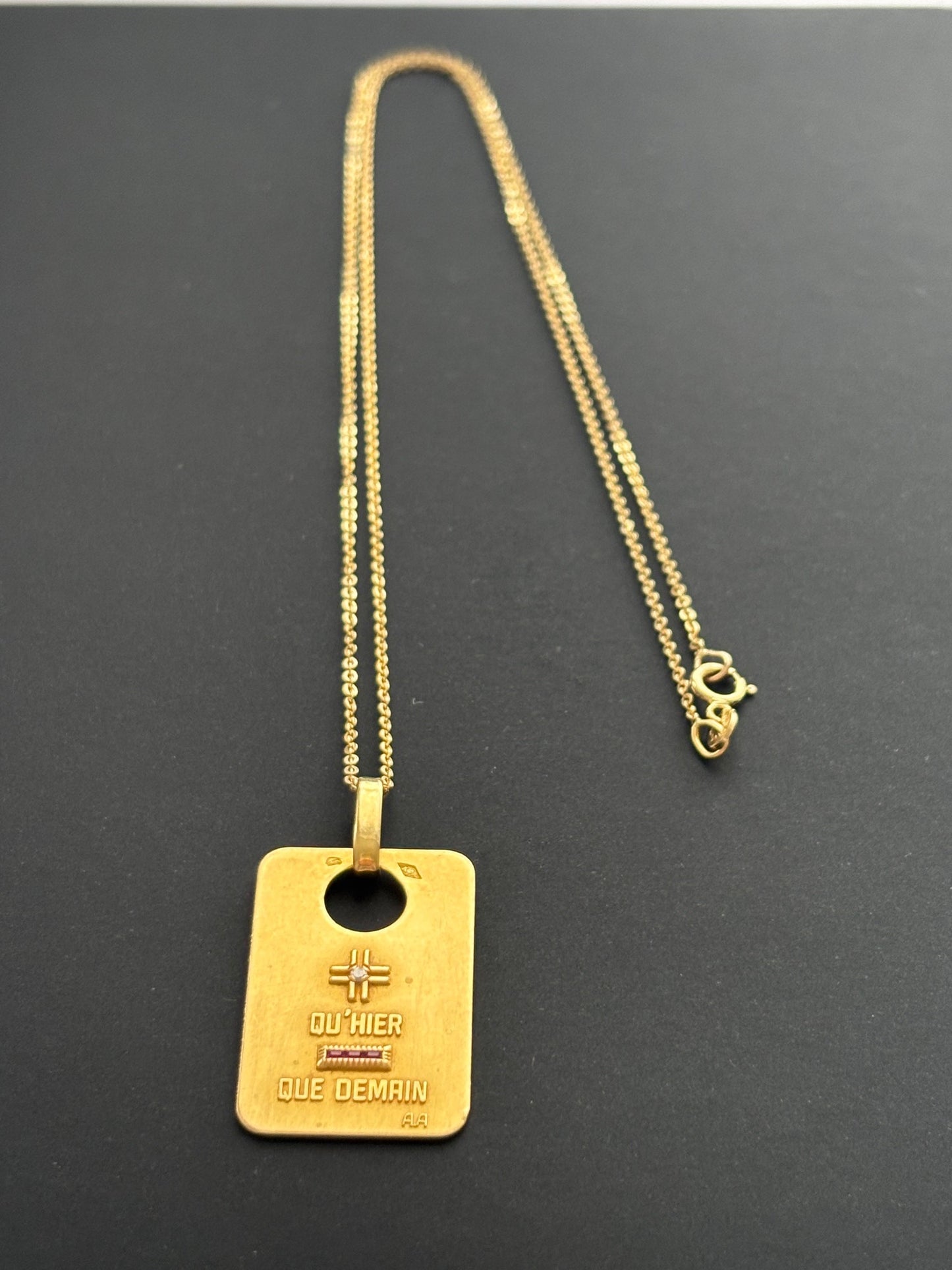 Vintage 1940's French 18k Gold A Augis Pendant and Chain w Ruby and Diamond
