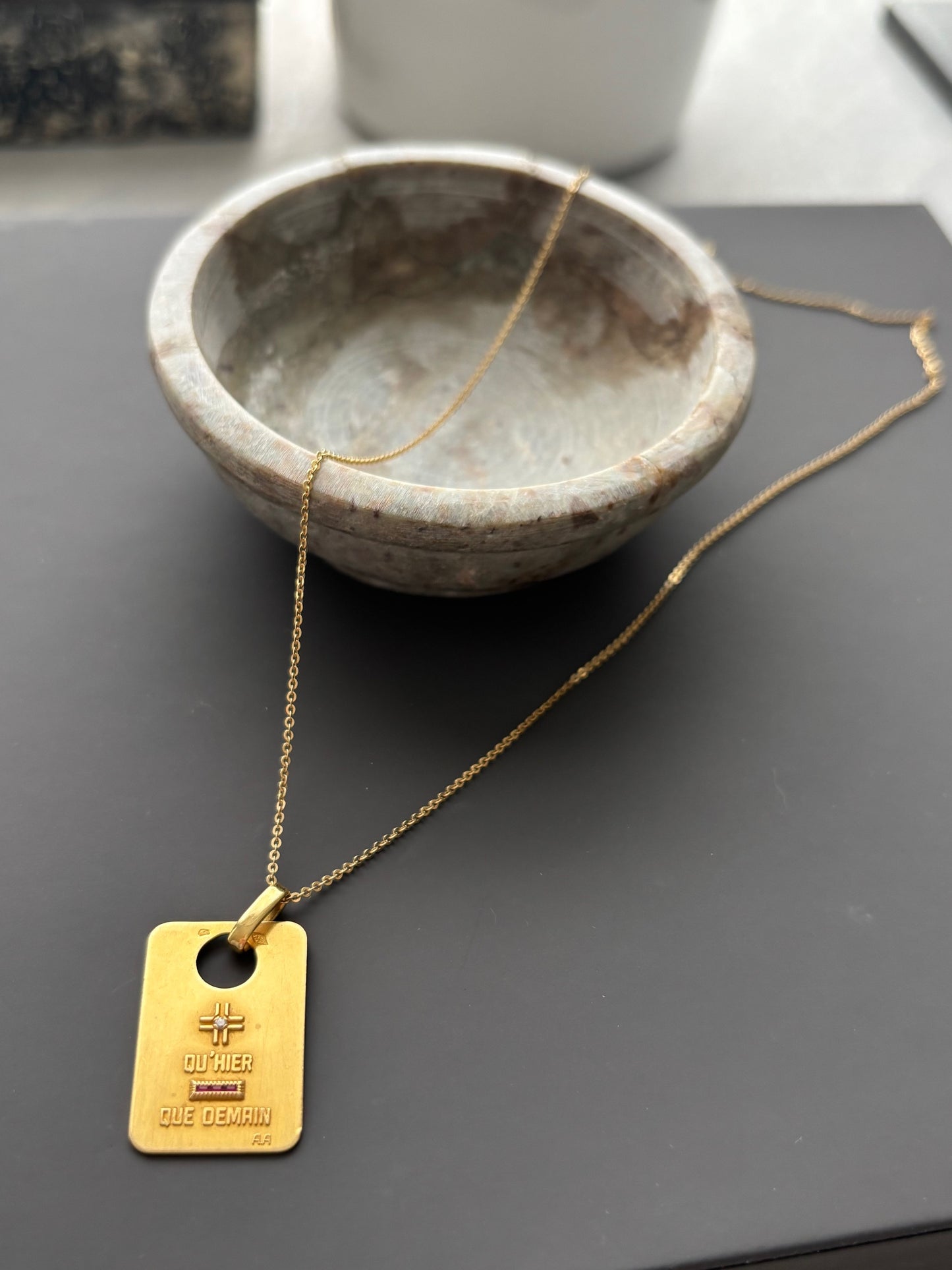 Vintage 1940's French 18k Gold A Augis Pendant and Chain w Ruby and Diamond