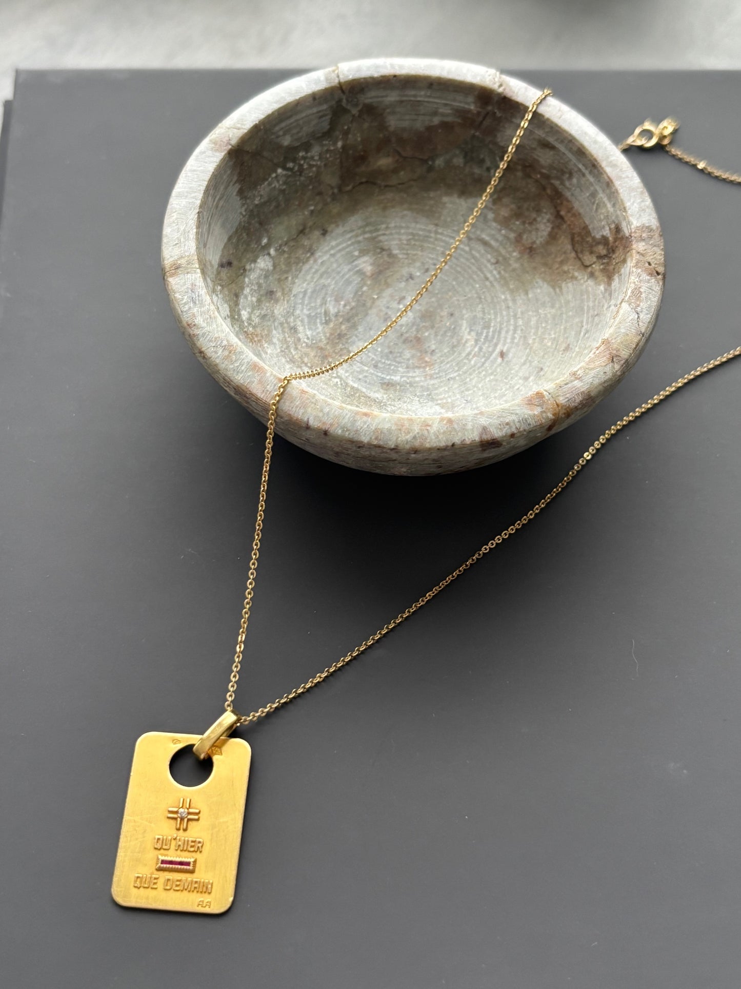 Vintage 1940's French 18k Gold A Augis Pendant and Chain w Ruby and Diamond