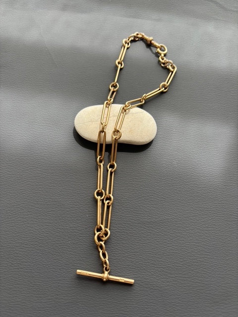 Antique 9k Gold Trombone Watch Chain T-Bar Necklace