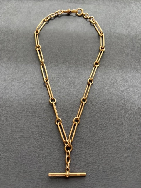 Antique 9k Gold Trombone Watch Chain T-Bar Necklace