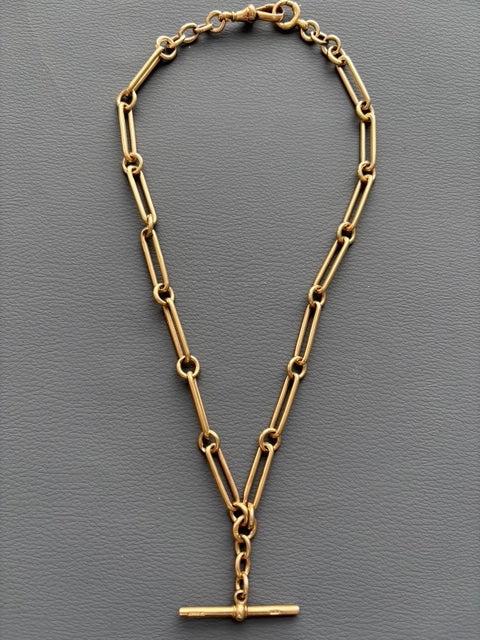 Antique 9k Gold Trombone Watch Chain T-Bar Necklace