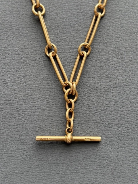 Antique 9k Gold Trombone Watch Chain T-Bar Necklace