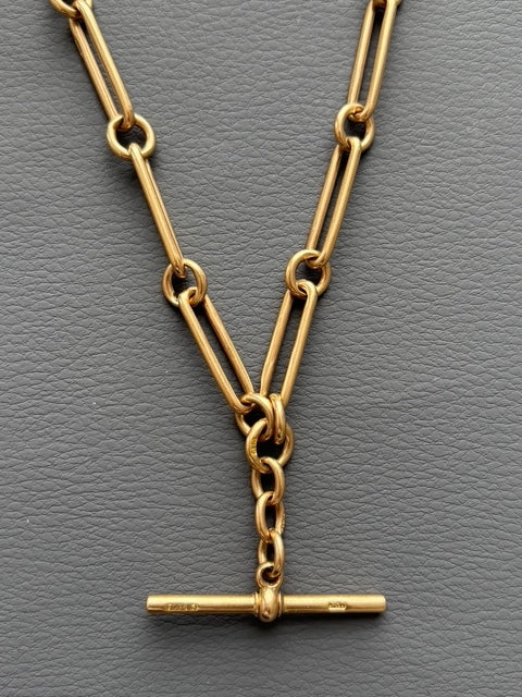 Antique 9k Gold Trombone Watch Chain T-Bar Necklace