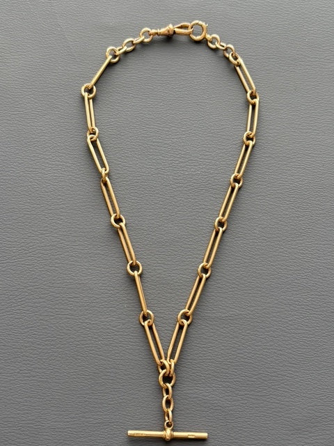Antique 9k Gold Trombone Watch Chain T-Bar Necklace