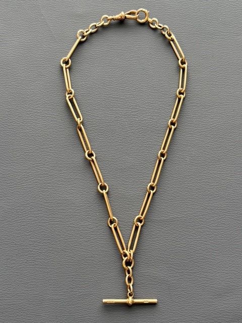 Antique 9k Gold Trombone Watch Chain T-Bar Necklace