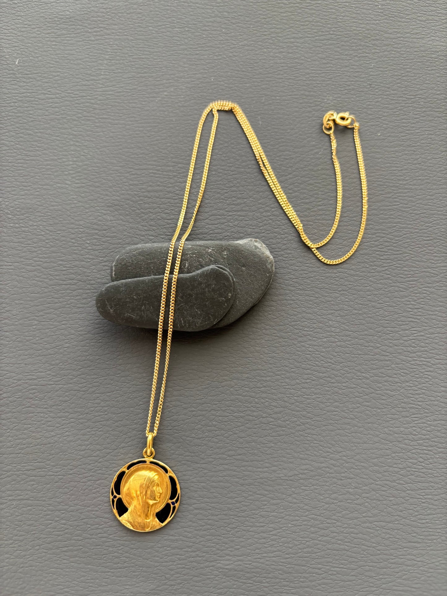 Antique French Guilbert 18k Gold and Blue Enamel Mary Pendant Charm 1922