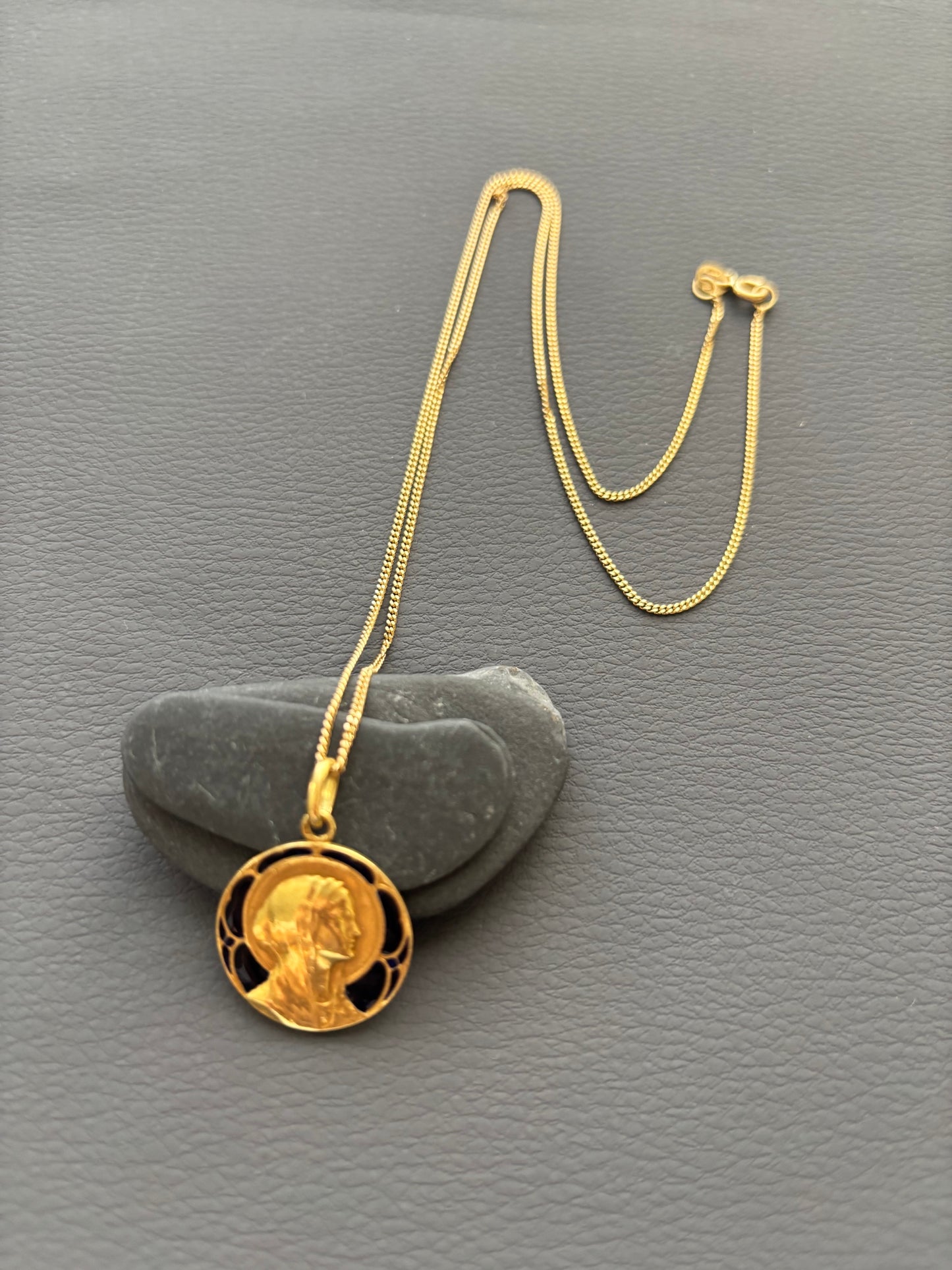 Antique French Guilbert 18k Gold and Blue Enamel Mary Pendant Charm 1922