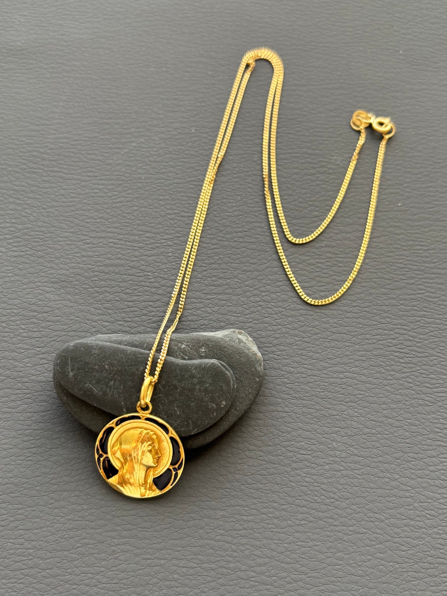 Antique French Guilbert 18k Gold and Blue Enamel Mary Pendant Charm 1922