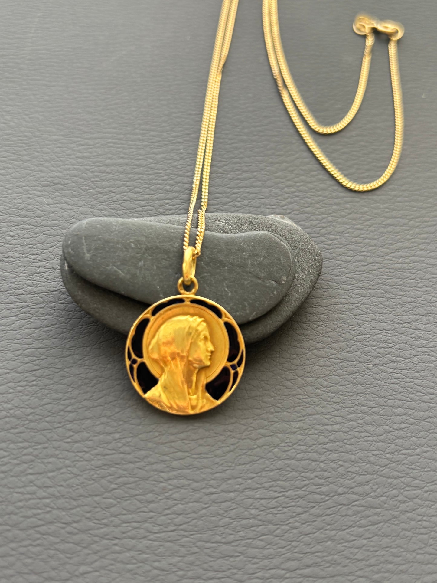 Antique French Guilbert 18k Gold and Blue Enamel Mary Pendant Charm 1922
