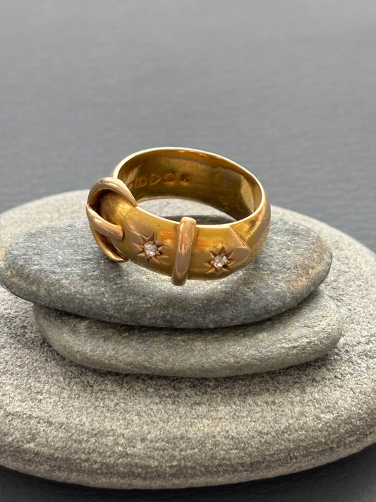 18k Gold Antique Buckle Ring w/ Diamonds