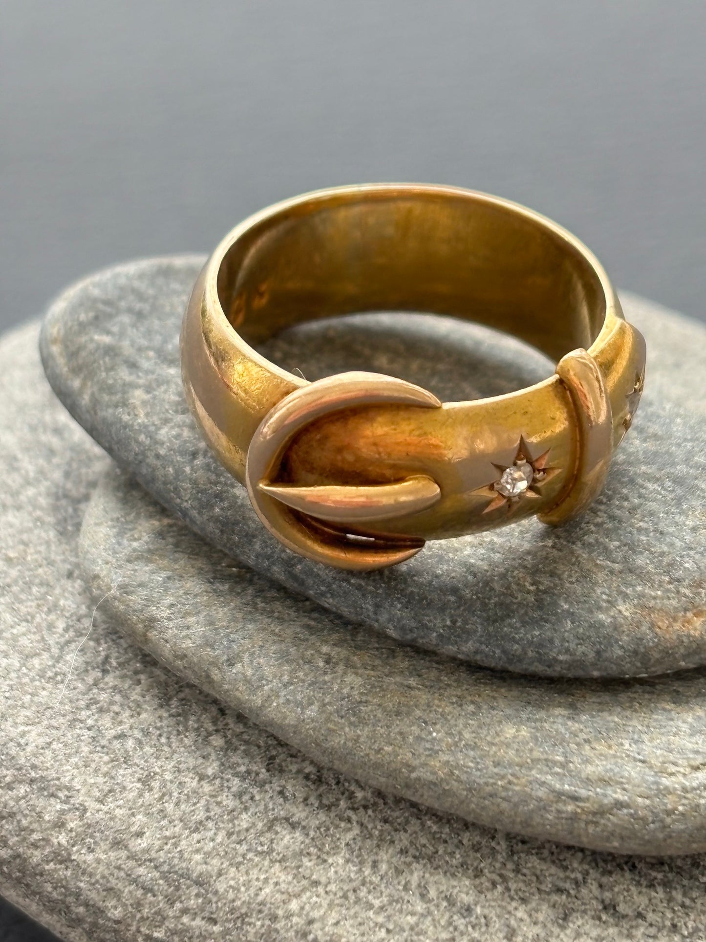 18k Gold Antique Buckle Ring w/ Diamonds